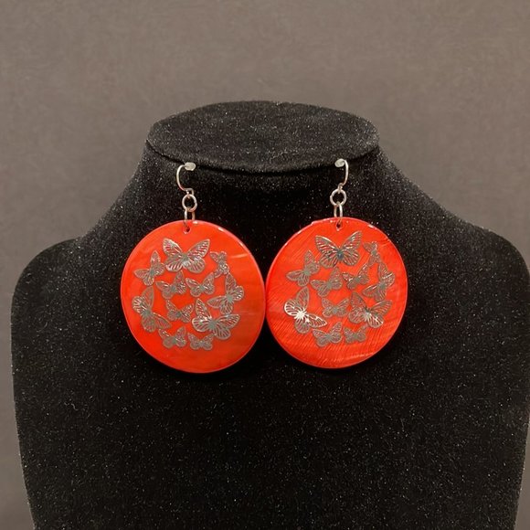 Red Disc Earrings with Gold Butterfly Designs - Picture 1 of 5